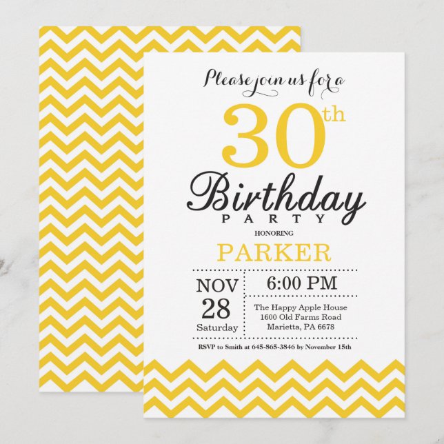 30.ª invitación de cumpleaños Chevron amarillo (Anverso / Reverso)
