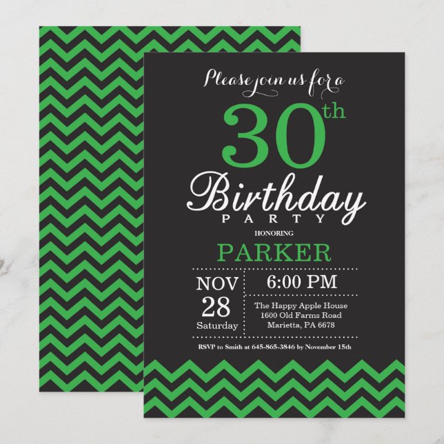 30.ª invitación de cumpleaños Chevron negro y verd (Anverso / Reverso)