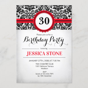 30.ª invitación de cumpleaños Damasco blanco rojo 