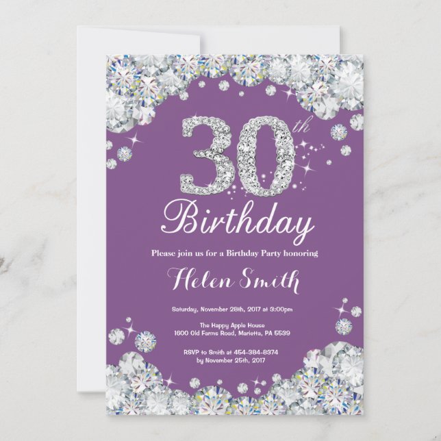 30.ª invitación de cumpleaños Diamante morado y pl (Anverso)