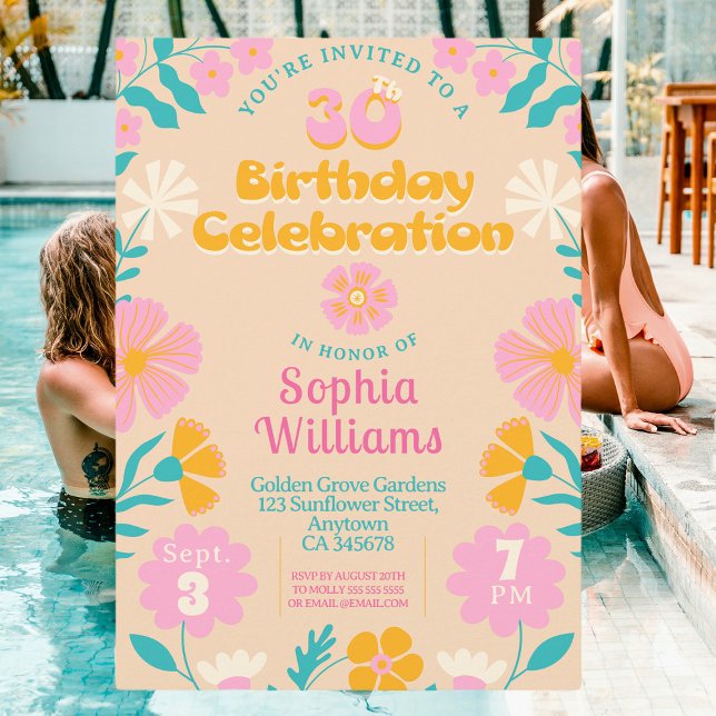 30.ª Invitación de cumpleaños floral Retro Peach (Subido por el creador)