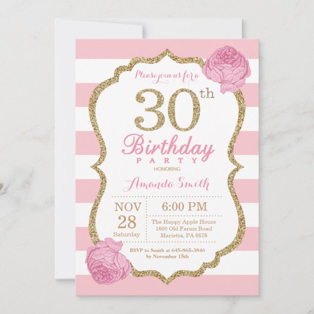 30.ª invitación de cumpleaños Floral rosa y dorada (Anverso)