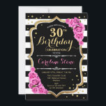 30.ª invitación de cumpleaños franjas blancas rosa<br><div class="desc">Invitación a la fiesta de cumpleaños 30 para mujeres. Elegante diseño rosa blanco y negro con oro falso purpurina. Tiene rayas negras y blancas y rosas rosadas. Se puede personalizar para mostrar cualquier edad. Perfecto para un elegante fiesta adulto.</div>