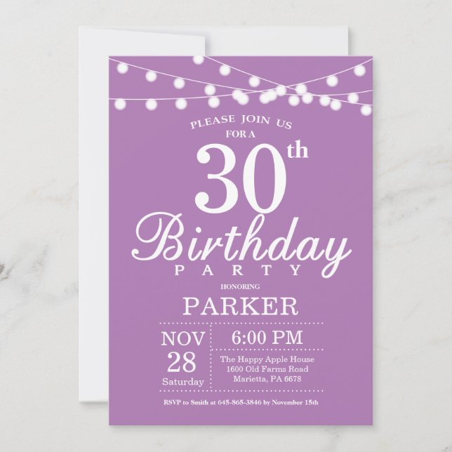 30.ª invitación de cumpleaños Lavanda púrpura (Anverso)