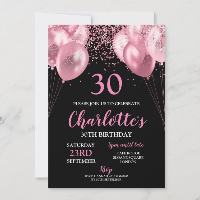 30.ª invitación de cumpleaños negro de neón rosado (Anverso)