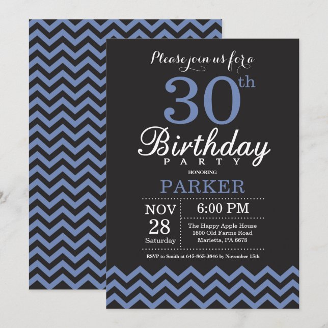 30.ª invitación de cumpleaños negro y azul (Anverso / Reverso)