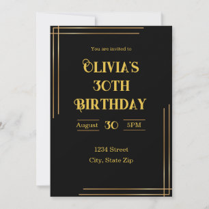 30.ª invitación de cumpleaños - Negro y oro   Eleg