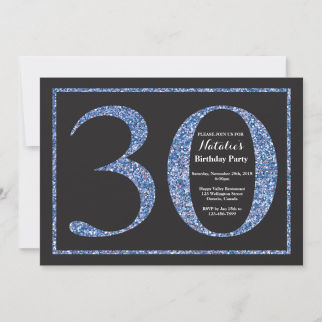 30.ª invitación de cumpleaños Purpurina azul (Anverso)