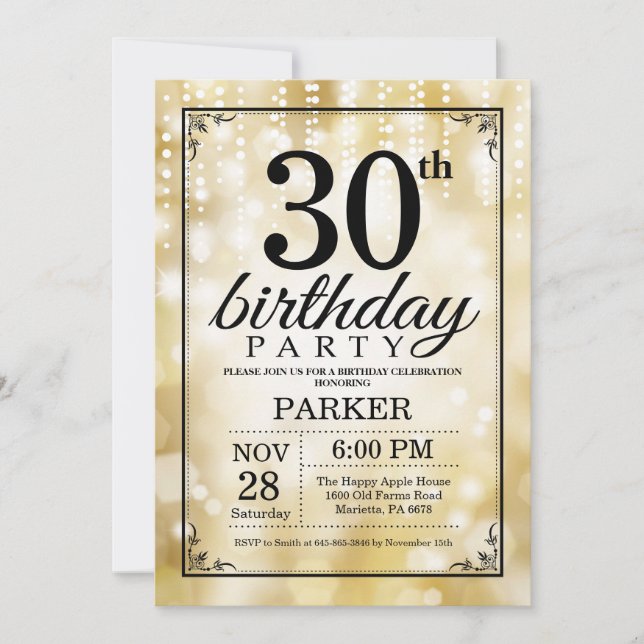 30.ª invitación de cumpleaños Purpurina de oro (Anverso)