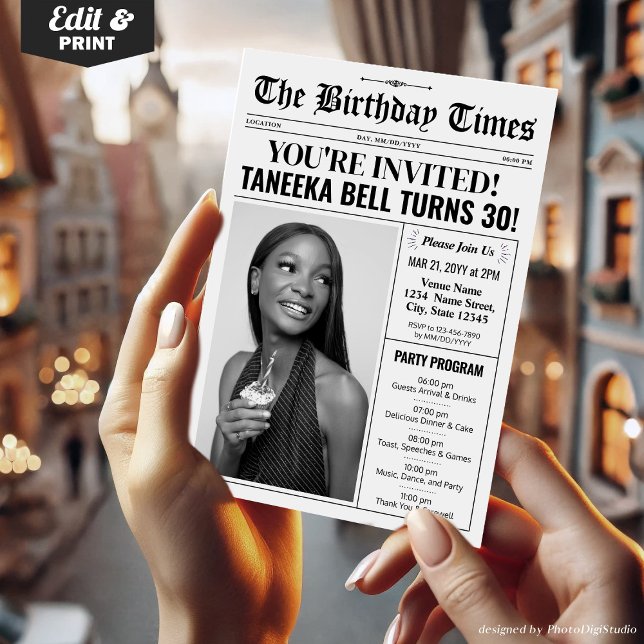 30.ª invitación de periódico de cumpleaños con pro (30th Birthday Newspaper Invitations with Program)