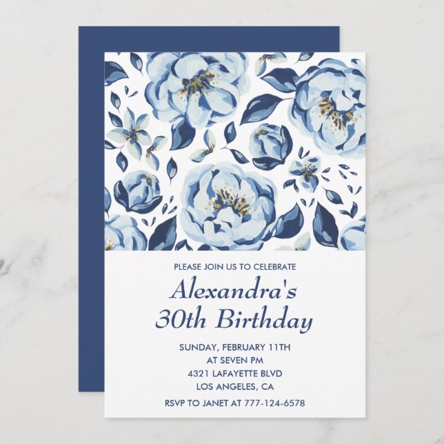 30.ª invitación para el cumpleaños Elegante Floral (Anverso / Reverso)