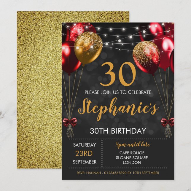 30.ª invitación para el cumpleaños Red Black Gold (Anverso / Reverso)