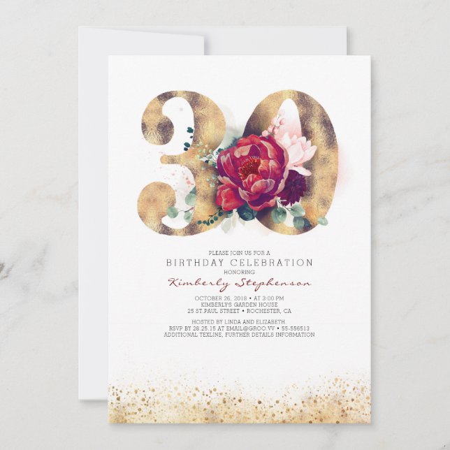 30.º cumpleaños Borgoña Invitación floral de oro (Anverso)