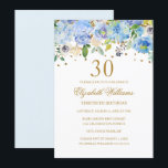 30.º cumpleaños Elegante Blue Gold Invitación flor<br><div class="desc">¡Más invitaciones de cumpleaños florales en la tienda Little Bayleigh!</div>