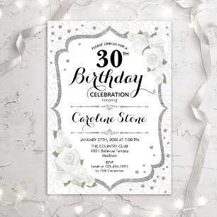 30.º cumpleaños - Invitación de rosas blancas plat
