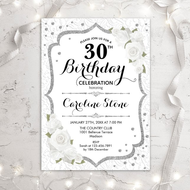 30.º cumpleaños - Invitación de rosas blancas plat (Subido por el creador)
