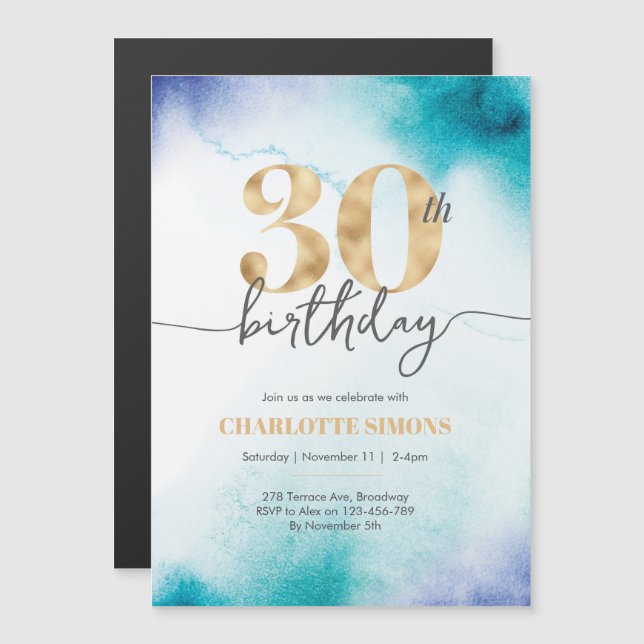 30.º cumpleaños Turquesa Invitación magnética (Anverso/Reverso)