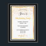 30.º fiesta de cumpleaños invitación de oro blanco<br><div class="desc">Una elegante tarjeta de invitación para una fiesta de cumpleaños por 30 años para hombres y mujeres. Plantillas para su información. Marcos de oro negros y falsos y lluvia dorada de confeti. Elegante fondo blanco, letras negras y doradas. El nombre está escrito con una escritura de estilo con letras a...</div>