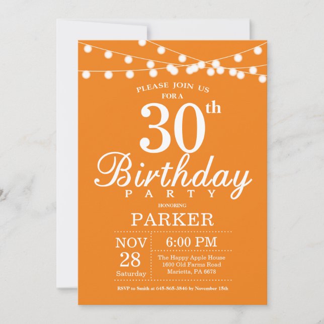 30.º Naranja de invitaciones de cumpleaños (Anverso)