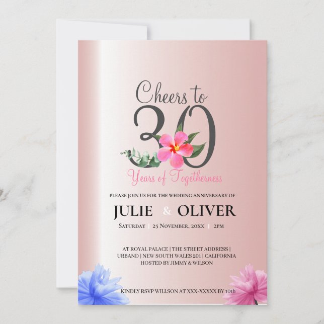 30 años de matrimonio Aniversario Invitación Flora (Anverso)