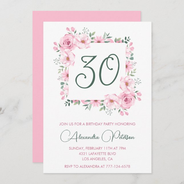 30 cumpleaños invitaciones Floral Elegant Pink (Anverso / Reverso)