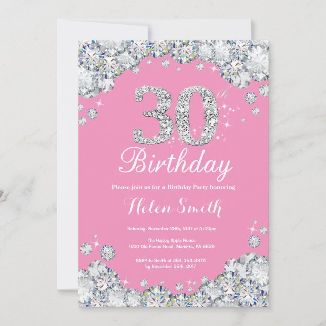 30 Invitación de cumpleaños Diamante rosa y Plata (Anverso)