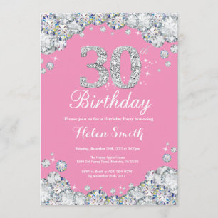 30 Invitación de cumpleaños Diamante rosa y Plata