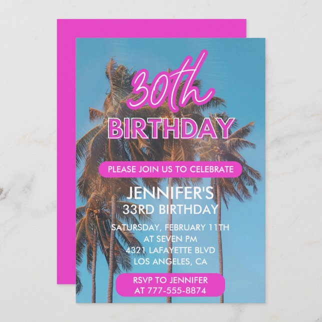 30 invitaciones de cumpleaños Palm Tropical Rosa (Anverso / Reverso)