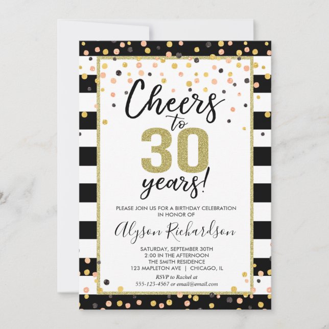 30 invitaciones de cumpleaños, vítores negros y de (Anverso)