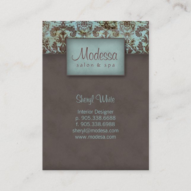 311 Tarjeta de cita Damask Salon Spa Blue Brown (Anverso)