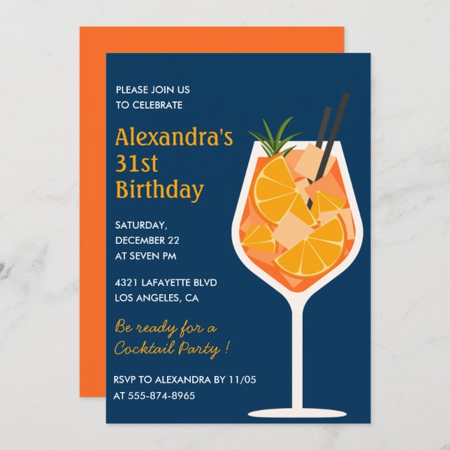 31 invitaciones de cumpleaños Cocktail Navy elegan (Anverso / Reverso)