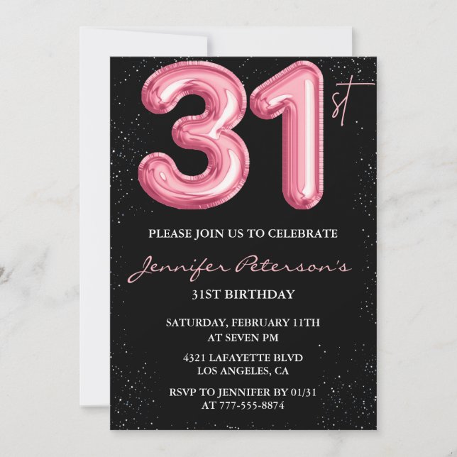 31 invitaciones de cumpleaños Globo rosa Glam Blac (Anverso)