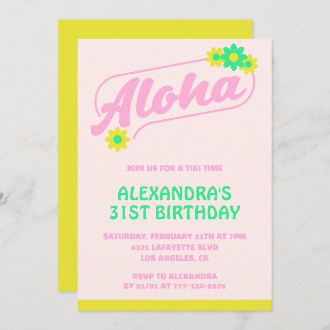 31 invitaciones de cumpleaños Tropical Aloha Pink (Anverso / Reverso)