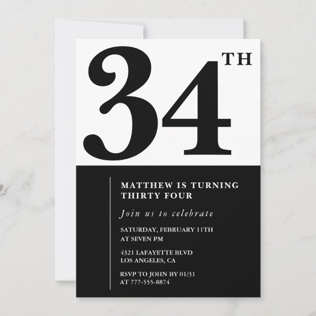 34 invitaciones de cumpleaños Black and White Eleg (Anverso)