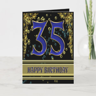 35.ª tarjeta de cumpleaños con oro y burbujas