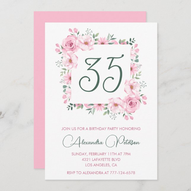 35 años invitaciones Floral Elegant Pink (Anverso / Reverso)