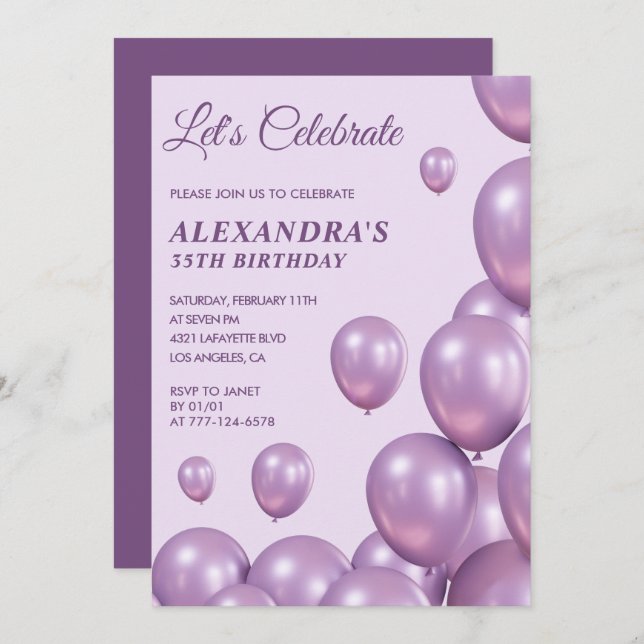 35 años invitaciones Globos Morado (Anverso / Reverso)