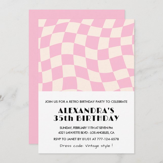35 invitaciones de cumpleaños Checkered Retro Pink (Anverso / Reverso)