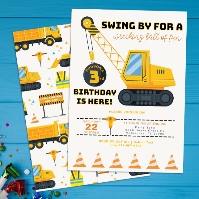 3.ª Invitación a la grúa de construcción (Construction Vehicle Birthday Invite)