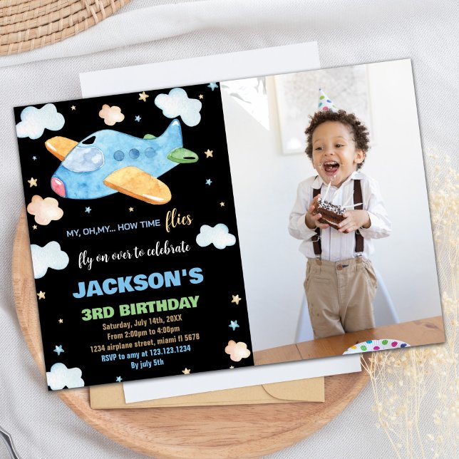 3.ª invitación de cumpleaños a avión foto azul neg (3RD Airplane Birthday Invitations Blue Black Photo)