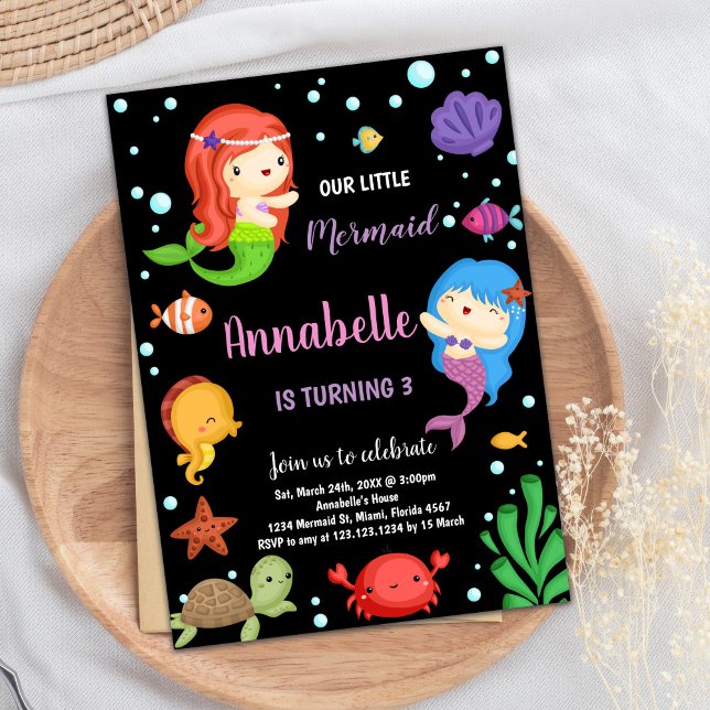 3.ª invitación de cumpleaños a las sirenas negras (3rd Black Mermaids Birthday Invitations)