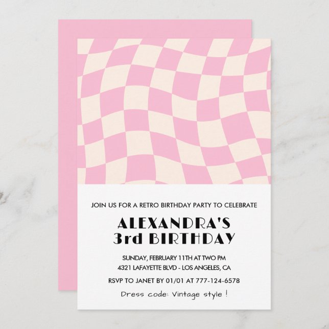 3.ª invitación de cumpleaños Checkered Retro Pink (Anverso / Reverso)