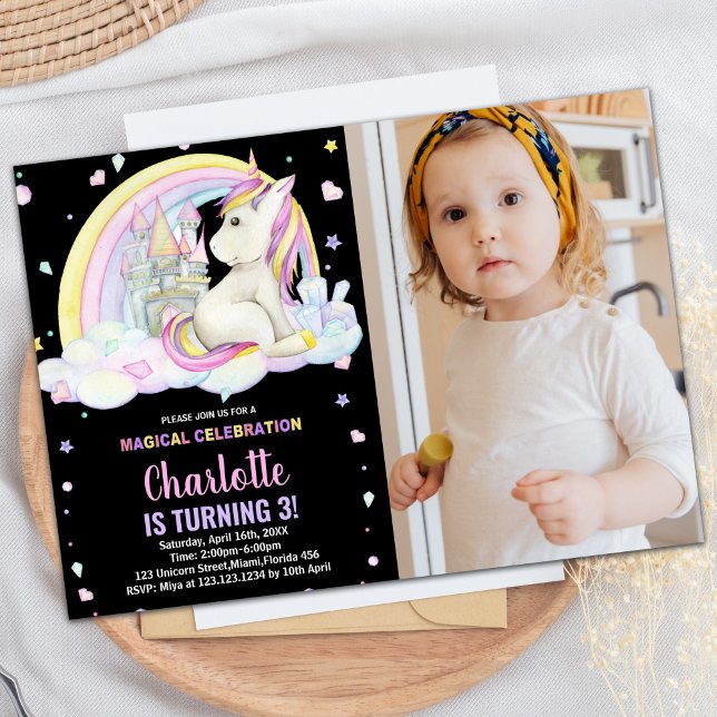 3.ª invitación de cumpleaños de Floral Black Photo (3rd Floral Black Photo Unicorn Birthday Invitation)