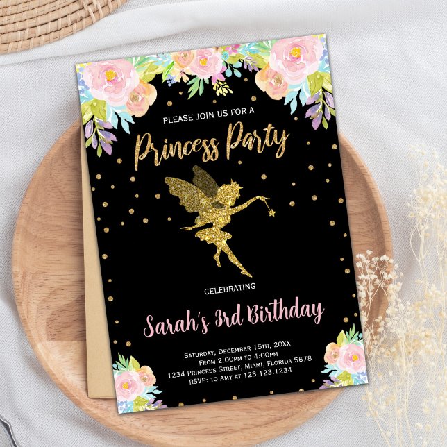 3.ª invitación de cumpleaños de Princesa Floral Ne (3rd Black Floral Princess Birthday Invitation)