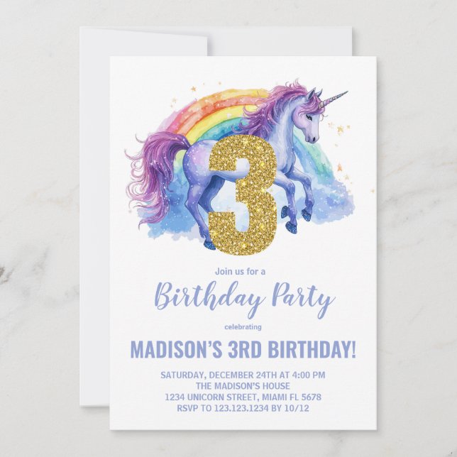 3.ª invitación de cumpleaños de Rainbow Unicorn (Anverso)