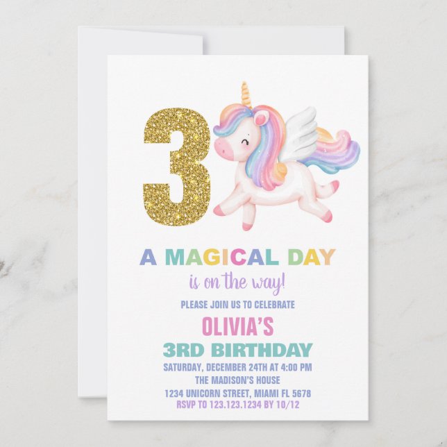 3.ª invitación de cumpleaños de Rainbow Unicorn (Anverso)