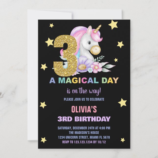 3.ª invitación de cumpleaños de Unicornio floral (Anverso)