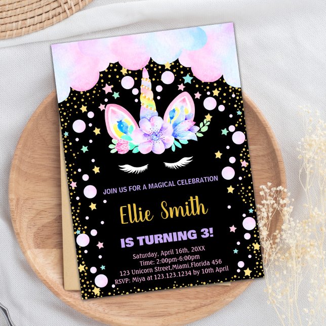 3.ª Invitación de cumpleaños de Unicornio morado (3rd Purple Unicorn Birthday Invitations)