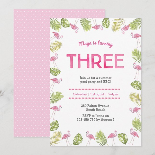 3.ª invitación de cumpleaños | flamingo tropical (Anverso / Reverso)