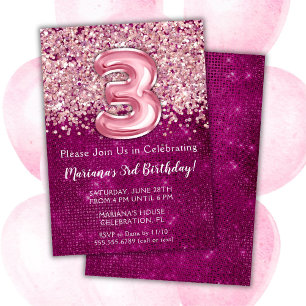3.ª invitación de cumpleaños Purpurina rosa Girly